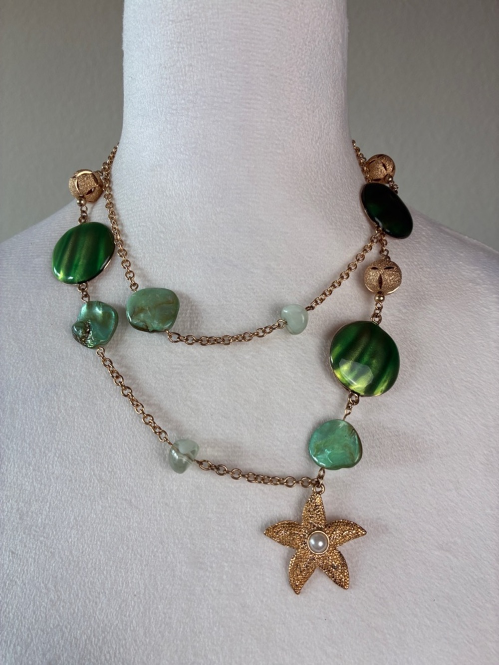 Green Mother-of-Pearl Look Alike, Starfish Long Station Necklace - Gold Accents